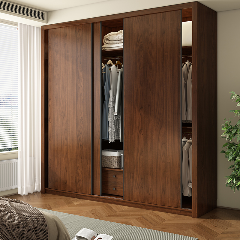 定制推拉门衣柜胡桃木一门到顶0深新款202年爆款家用卧室橡木柜