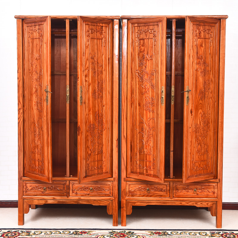 中式红花梨鸡翅酸枝色明古典家具榆实木梅兰竹菊山水大衣柜顶箱柜