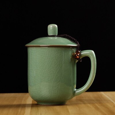 龙泉青瓷茶杯仿古带盖冰裂陶瓷办公会议杯茶馆酒店餐饮足浴店定制