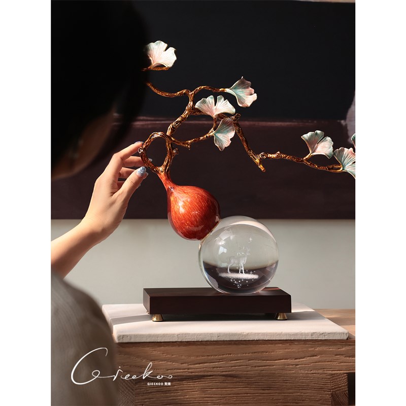 契阔家居客厅书房餐桌面新t中式福鹿杏叶水晶葫芦开运玄关装饰摆