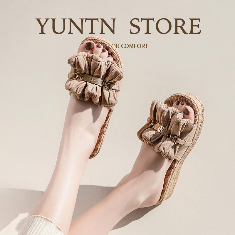 夏季淑女高级感布艺亚麻凉拖鞋女厚底坡J跟防滑轻便时尚居家可外