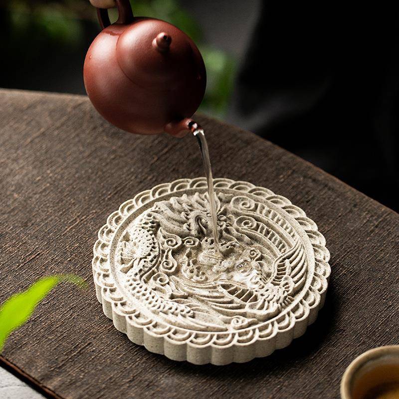 古陶可吸水粗陶壶承海棠圆形陶瓷茶壶托盘蓄水壶垫茶托小型干泡台