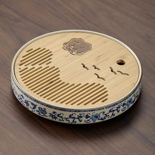 青花缠枝莲汝窑茶盘家用沥水盘陶瓷圆形储水盘干泡茶台茶具茶托盘