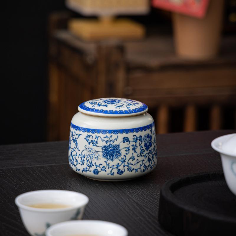 米黄汝窑陶瓷茶叶罐小号缠枝莲龙井岩茶茶叶包装密封香粉罐定logo