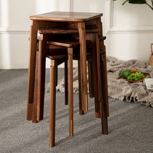 北美黑胡桃木实木高凳家用可叠放客厅原木色餐桌凳带铜脚不带铜脚