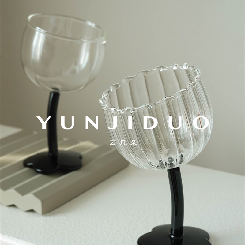 云几朵 可爱花朵水杯高脚耐热玻璃杯创意复古香槟酒杯歪头杯送礼