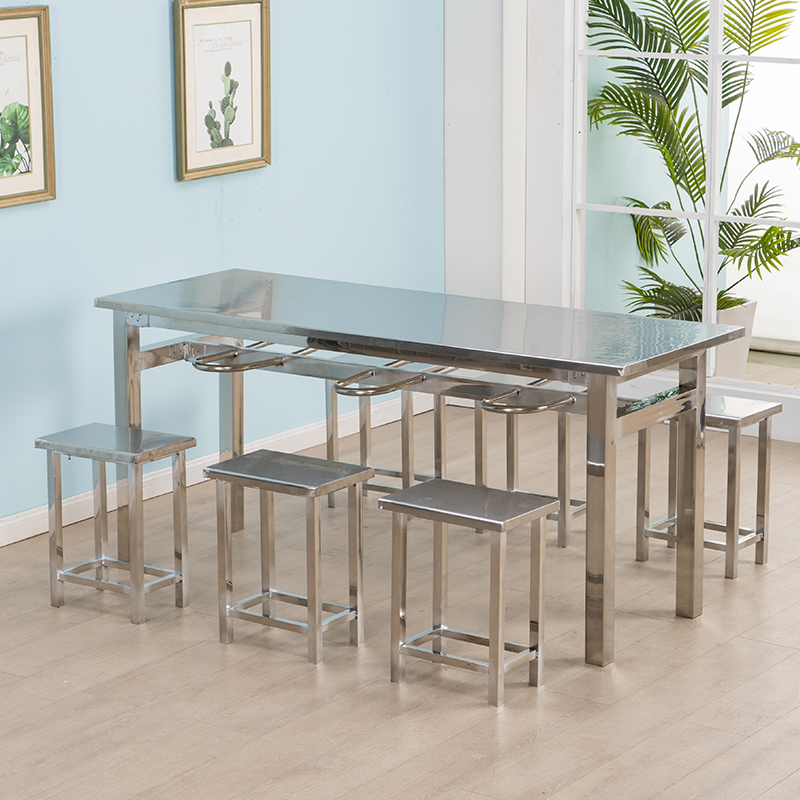 不锈钢餐桌椅饭店小吃店长方形挂凳4人6人员工食堂学校经济型桌椅