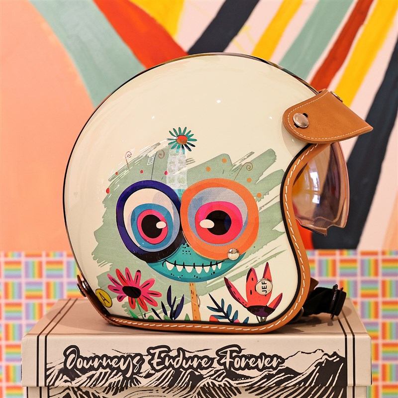 台湾JEF覆古安全帽女踏板机车半盔男3C夏季凉感3/4盔小怪兽四季盔