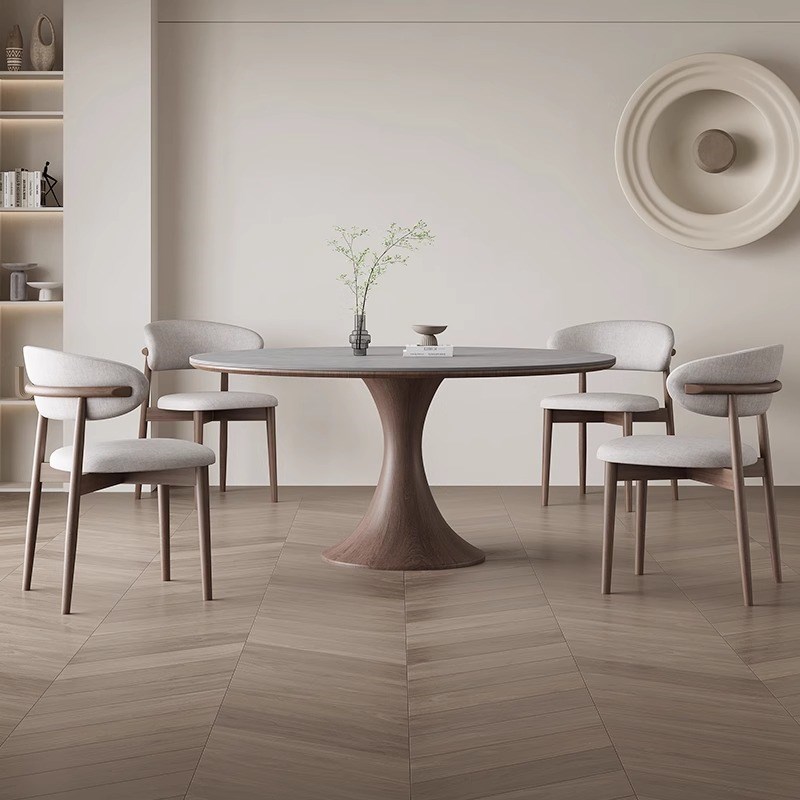 意式极简实木圆形岩板茶桌家用带转盘茶桌椅设计师胡桃色饭桌