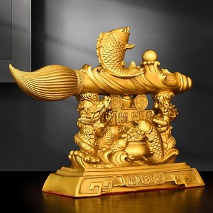 纯黄铜招财有余文昌笔家居鲤鱼跃龙门发大笔财吉祥工艺品摆设