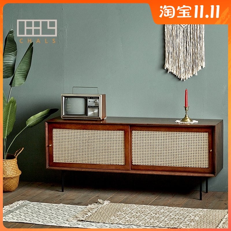 实木藤编电视柜客厅现代简约小户型家用木茶几组合地柜名宿家具柜