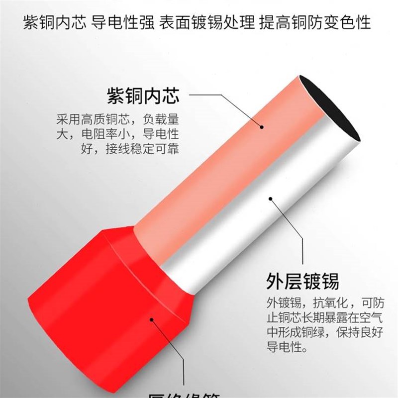 VE管型端子E0512针形预绝缘铜线鼻子电线压线耳欧式冷压接线端子