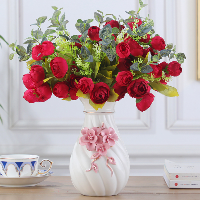 小玫瑰花茶玫仿真花花艺假花花束配陶瓷花瓶装欧式客厅餐桌摆件