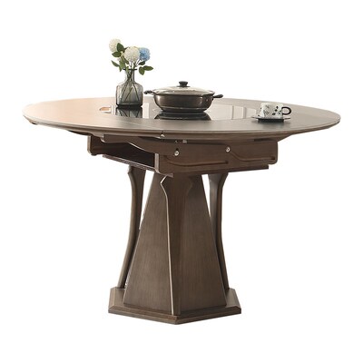 带转盘实木岩板餐桌椅2024新款电磁炉饭桌法式可变圆桌伸缩小户型