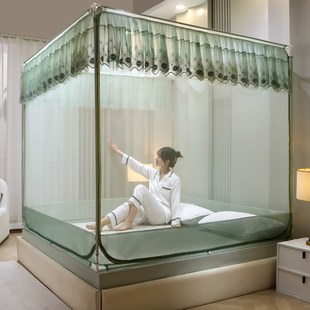 回底坐床蚊帐家用外穿杆1.8三开门防摔防蚊拉链方帐 加密u型床笠式