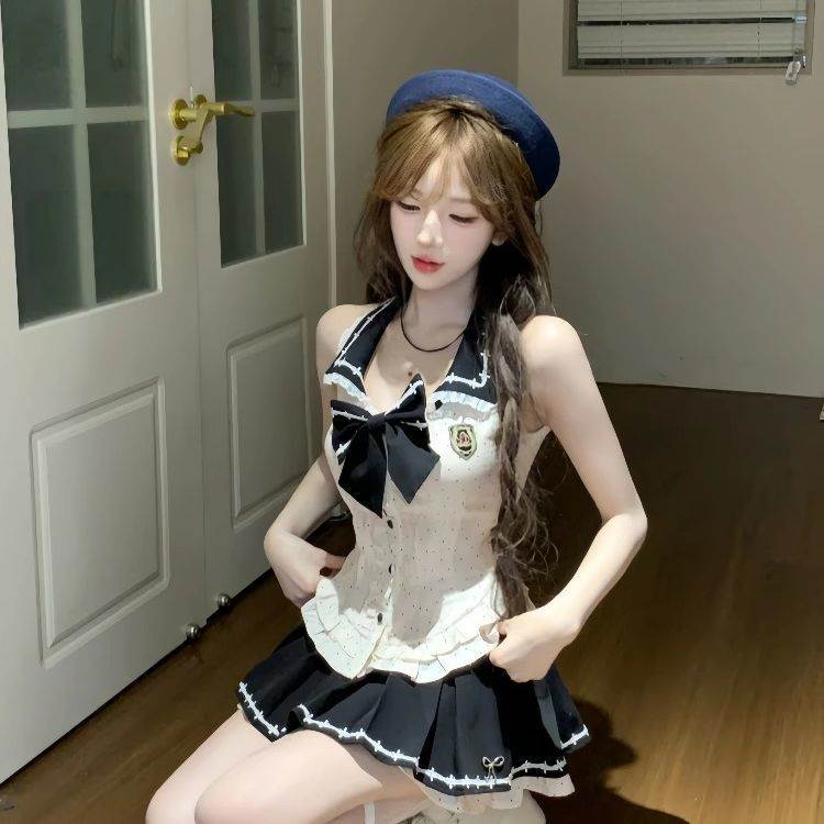 韩系甜美学院风套装裙蝴蝶结撞色露肩上衣洋气百搭显瘦短裙两件套
