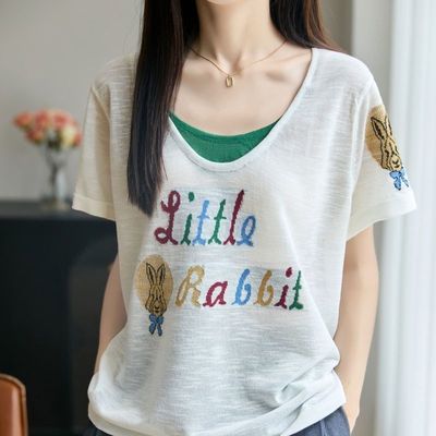 100%正品羊毛桑蚕丝新款假两件v领短袖针织衫夏季薄款T恤打底上衣