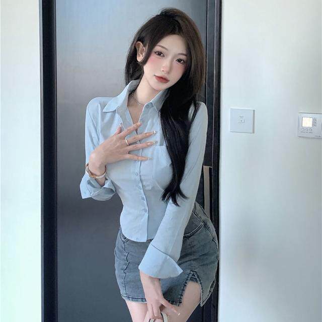 蓝色领长袖衬衫女秋季辣妹紧身高腰显瘦短款收腰防晒开衫上衣