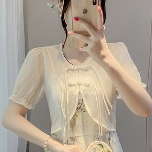 中式盘扣荷叶边外搭雪纺衬衫2025夏季国风新款小衫洋气短袖上衣女