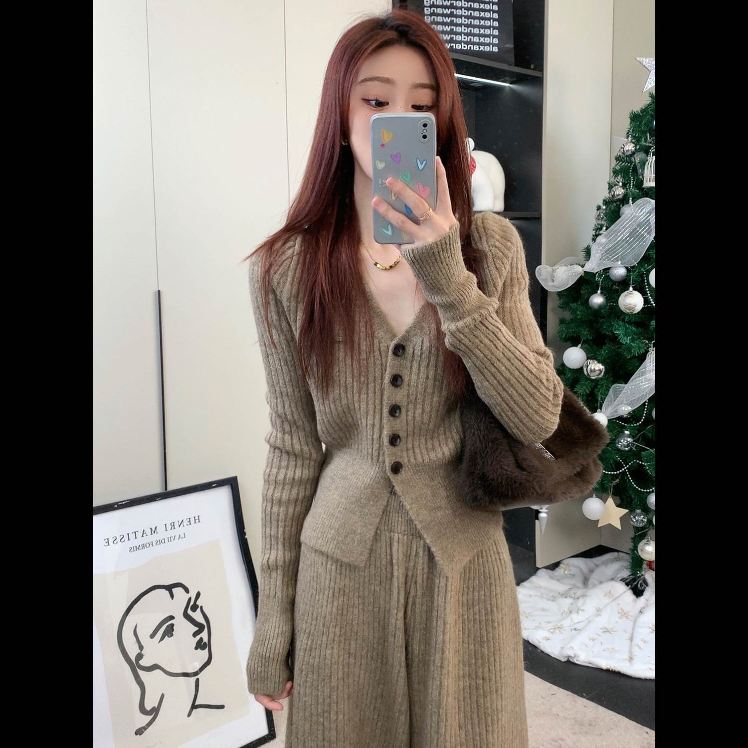 软糯慵懒风休闲开衫毛衣阔腿裤套装女秋冬新款美拉德打底针织套装