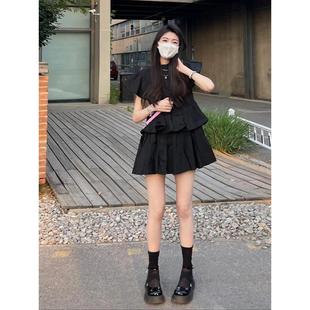 小个子飞袖蛋糕短裙黑色连衣裙女2025夏新款设计感小众木耳边裙子