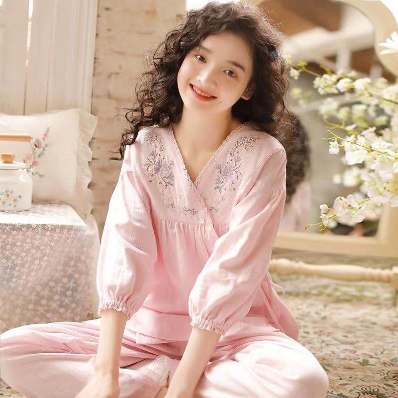 棉纱布睡衣女春秋春季七分袖棉韩版休闲可外穿学生家居服套装