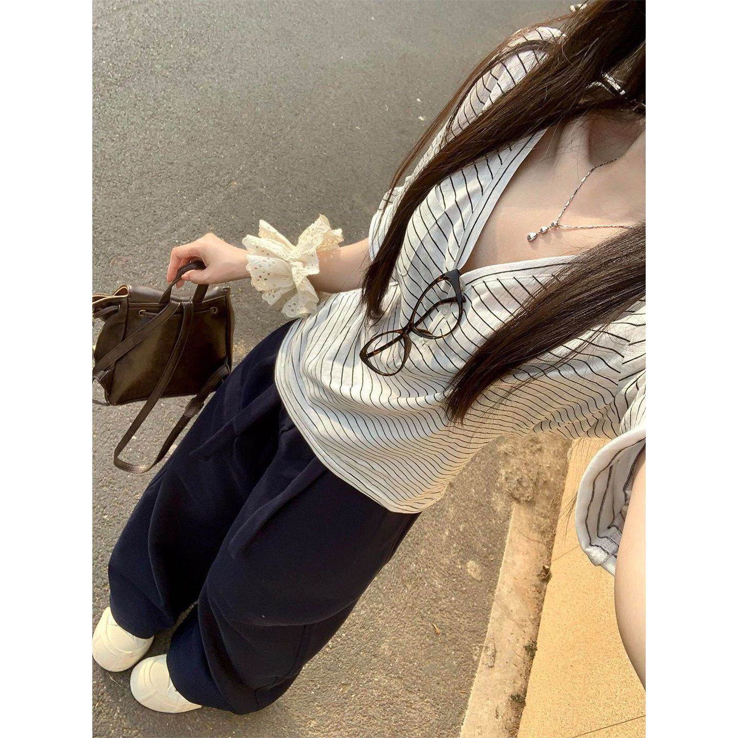 韩系学院风运动套装女夏季减龄条纹领7分袖恤阔腿裤休闲两件套