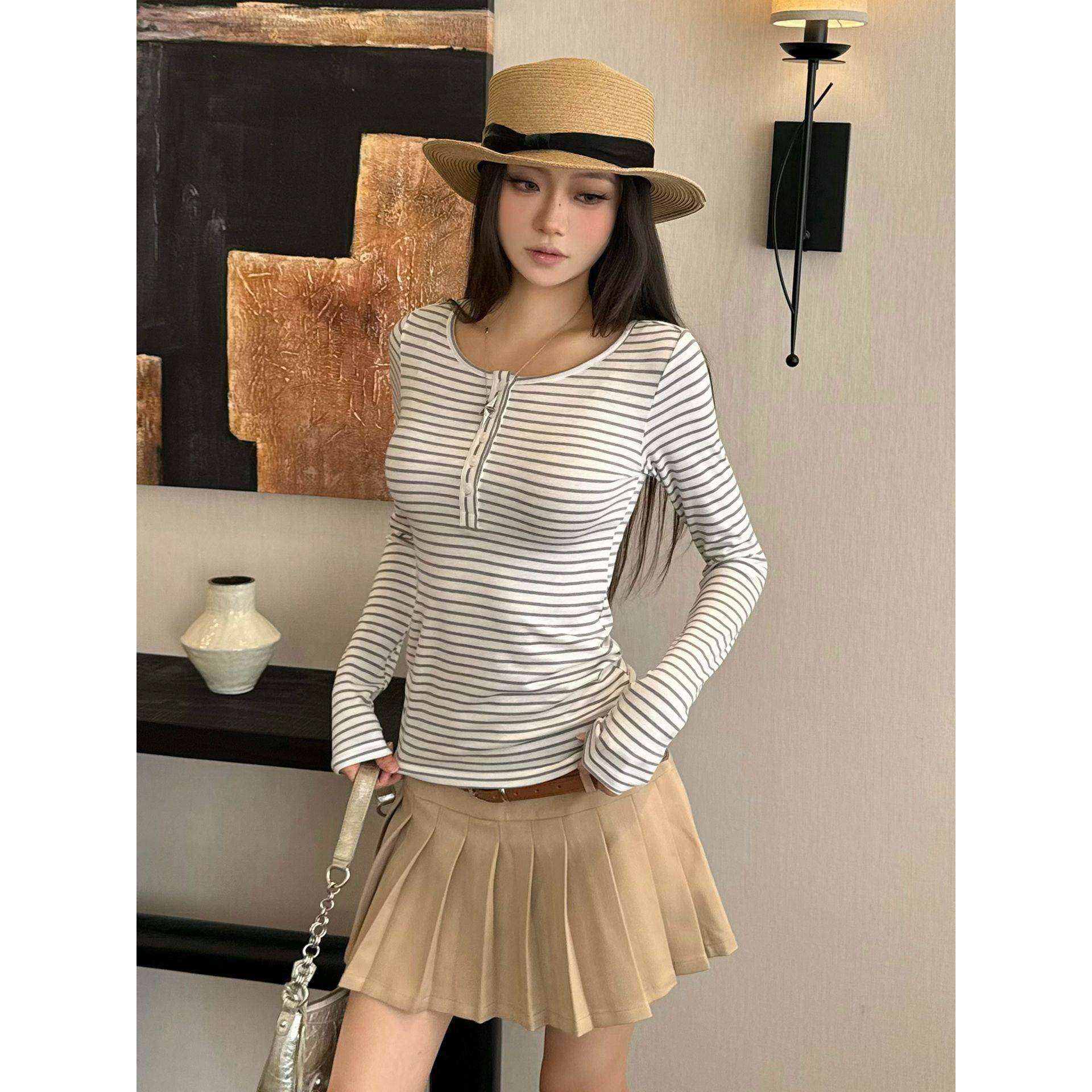 领修身显瘦韩版条纹长袖恤女春秋季内搭百搭基础款上衣
