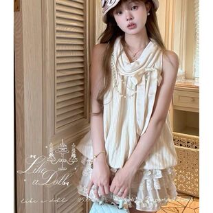 DOLL初恋褶皱-杏色翻领蝴蝶结无袖上衣女夏季新款设计感蛋糕裙女