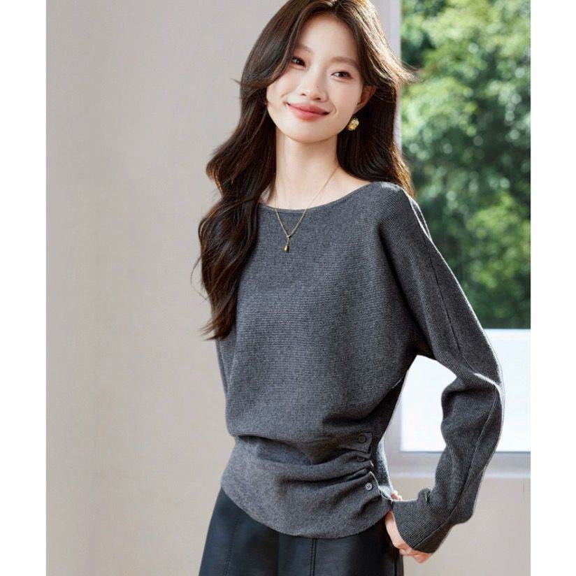 设计感洋气别致褶皱收腰针织衫上衣女2026春夏新款一字领小众毛衣