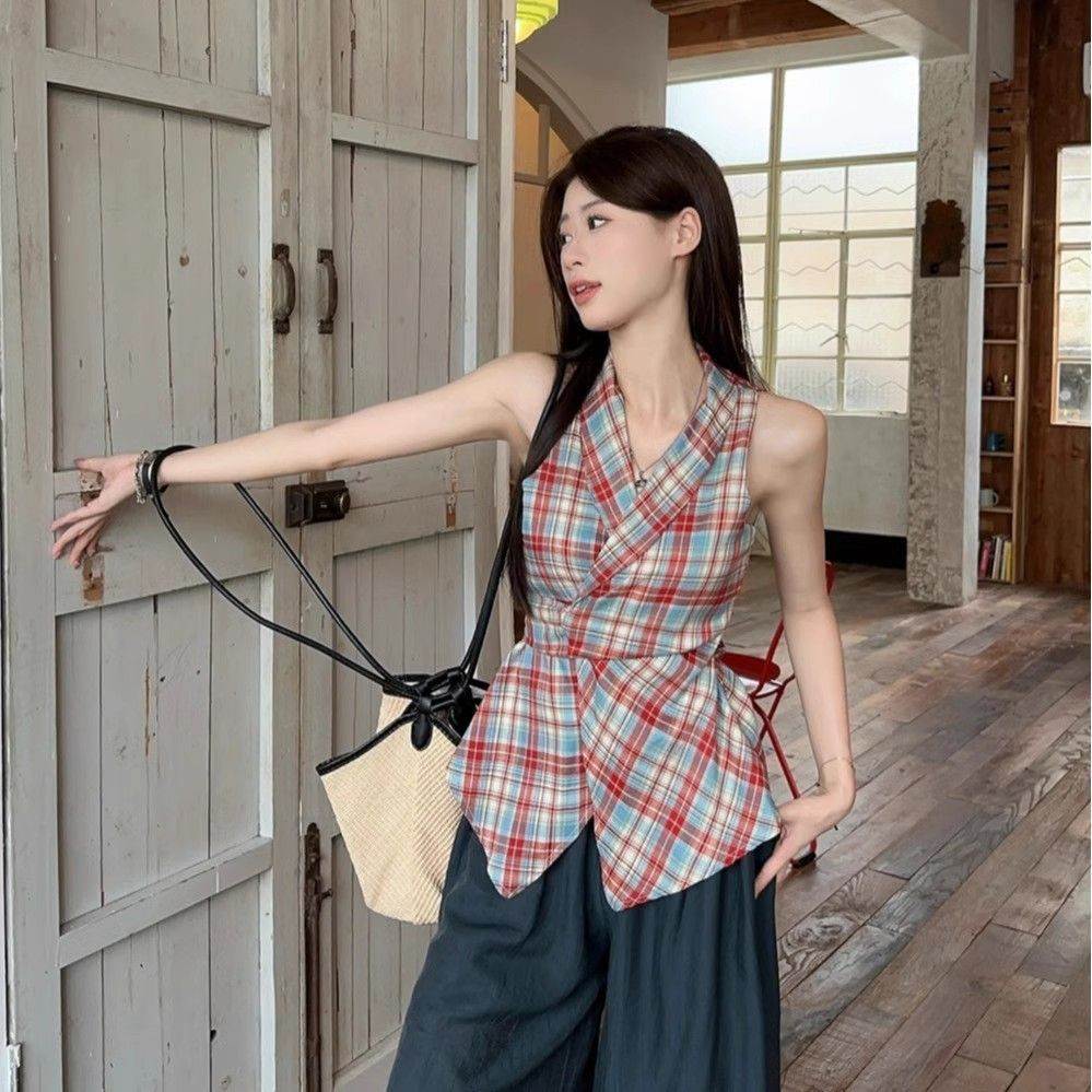 美式辣妹上衣格子露肩挂脖无袖上衣女夏季设计感小众收腰背心衣潮