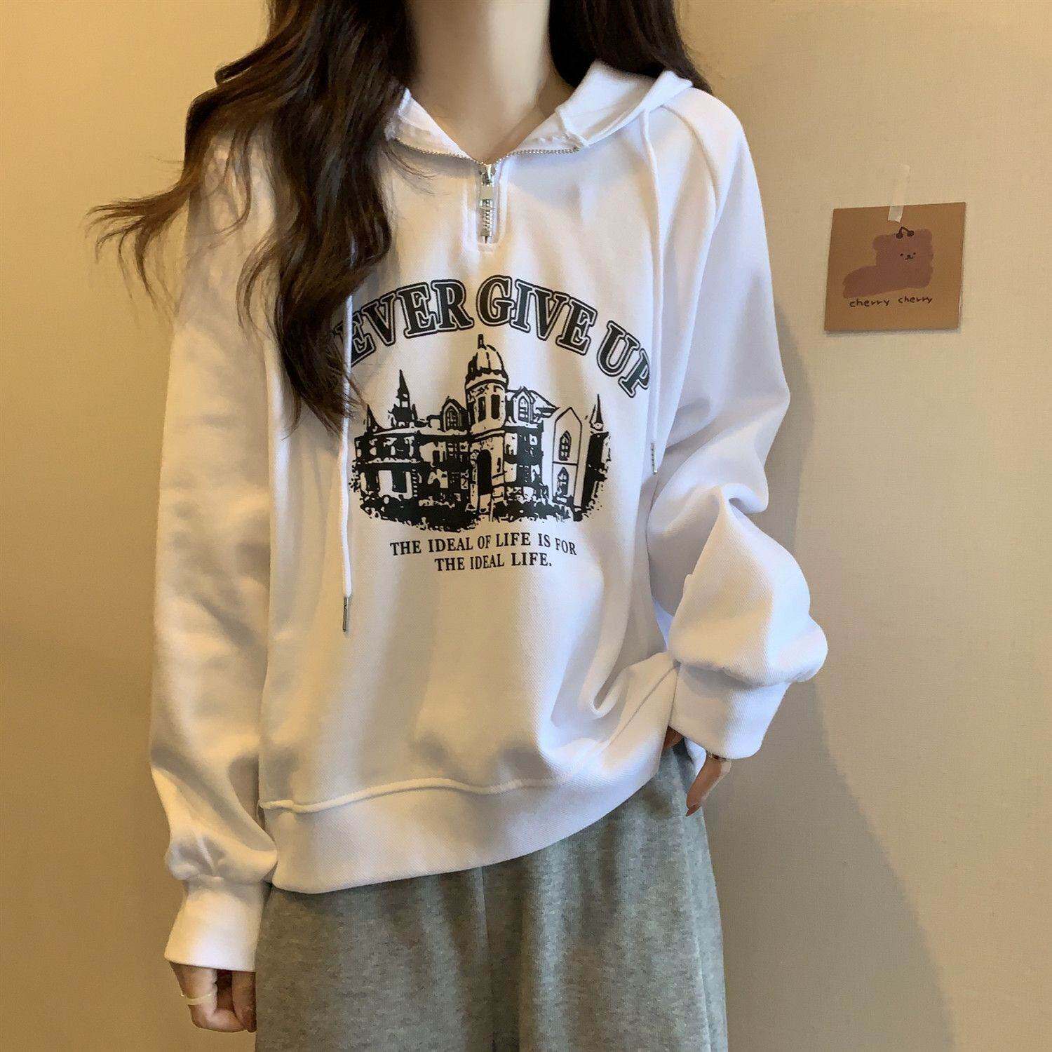 美式复古连帽卫衣女春春季薄款宽松半拉链短款印花小个子初春上衣