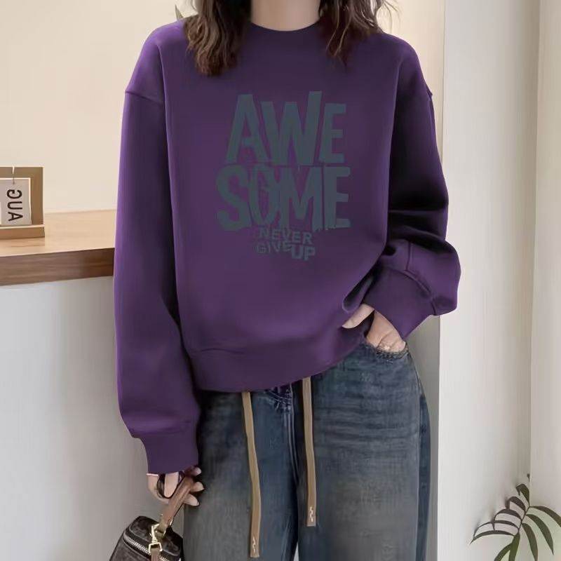 圆领套头打底衫加绒加厚卫衣女2026秋春季新款宽松韩版潮情侣外套