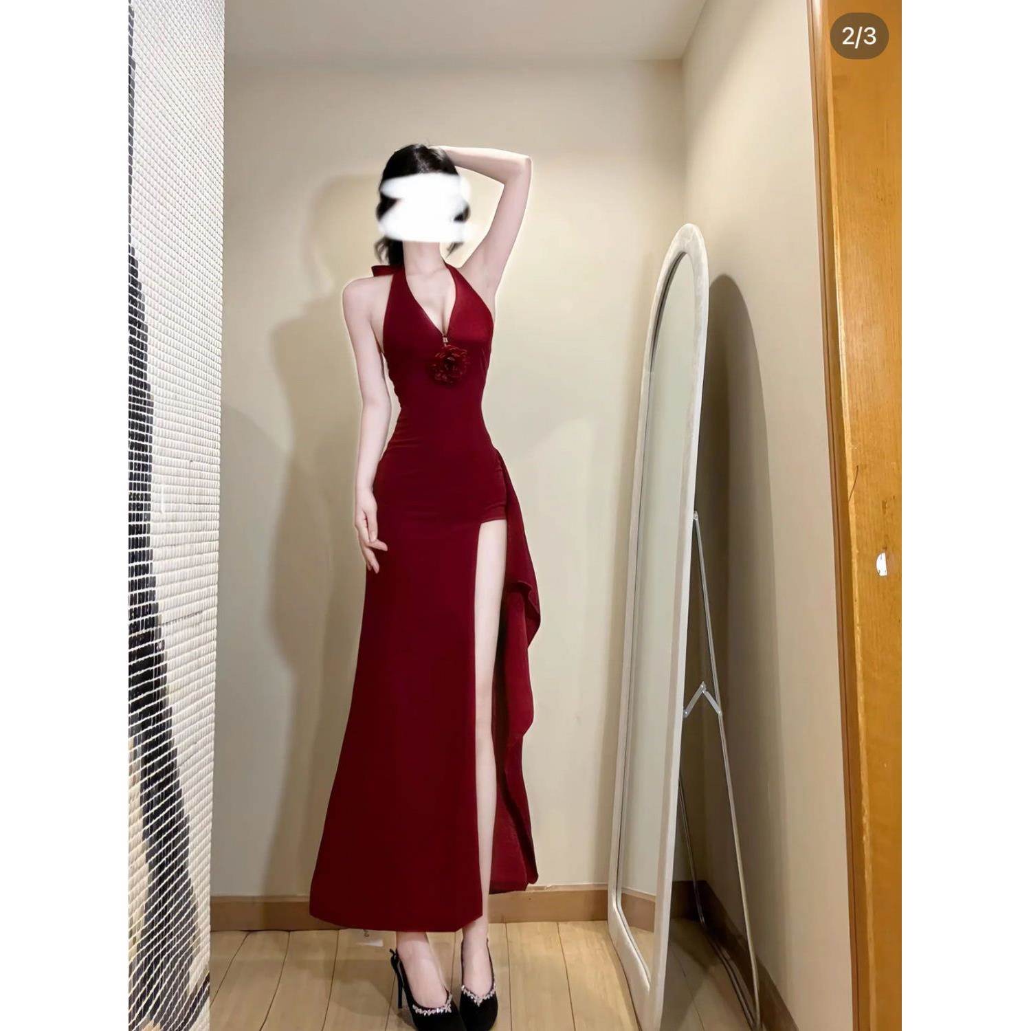 红色连衣裙法式气质长裙夏季名媛新年礼服纯欲风开叉修身显瘦裙子