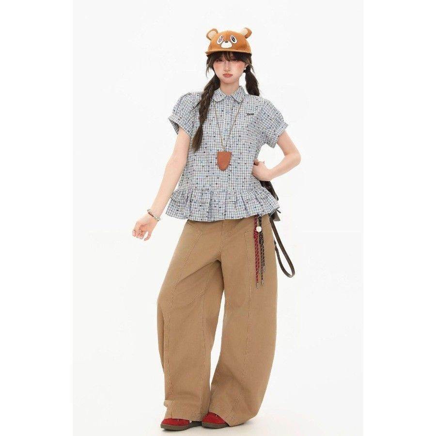 韩系复古蓝色格子短袖夏季衬衫女学院风收腰翻领衬衣绝美上衣百搭