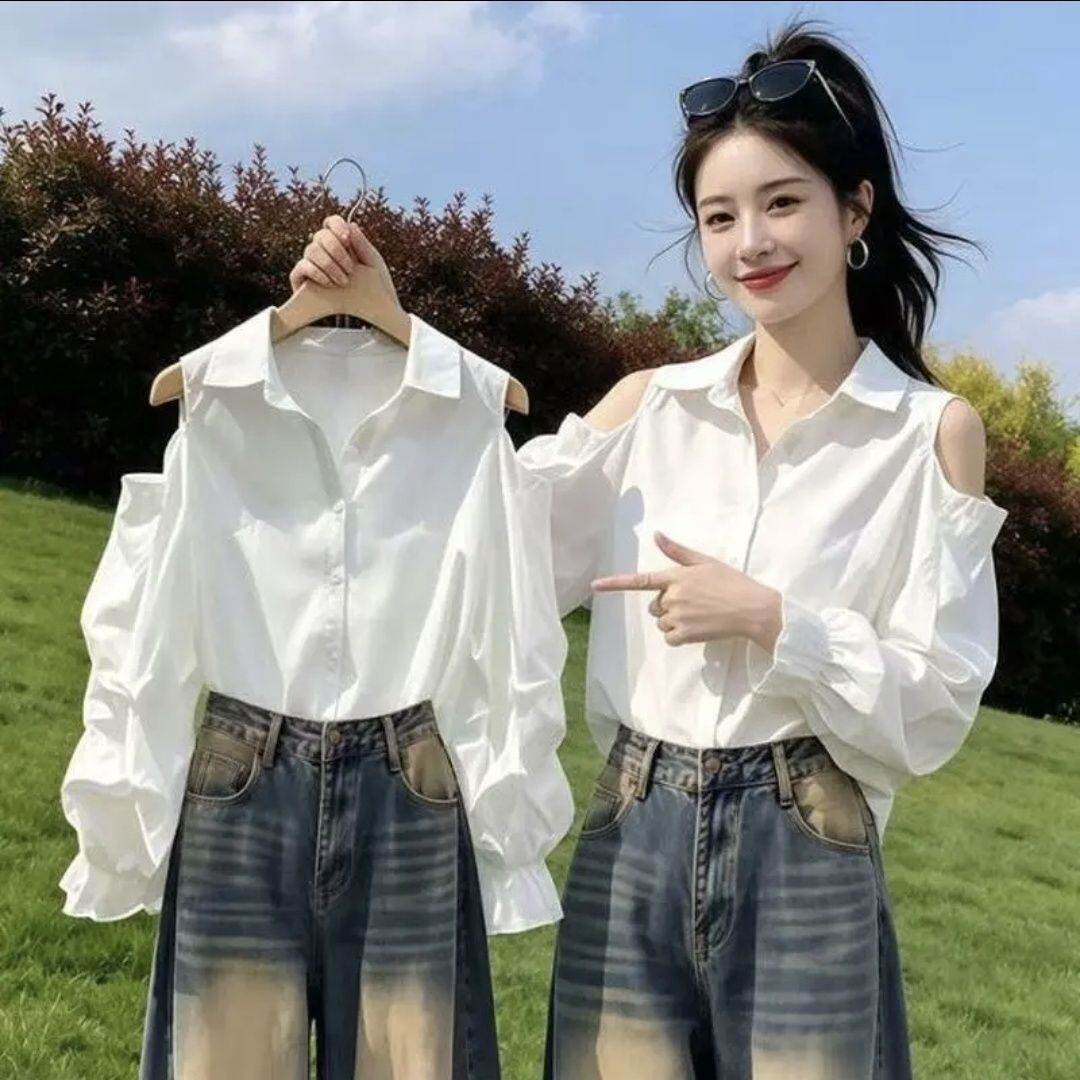 白色抽褶露肩衬衣衬衫早秋装女款2026新款设计感法式小资漂亮上衣