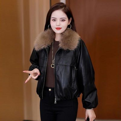 可拆卸大毛领加绒加厚女士皮衣外套短款2025年冬季新款宽松小个子