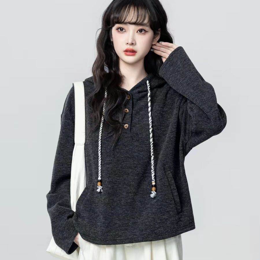 黑灰色连帽长袖卫衣女2026春秋季新款宽松休闲百搭带帽套头上衣女