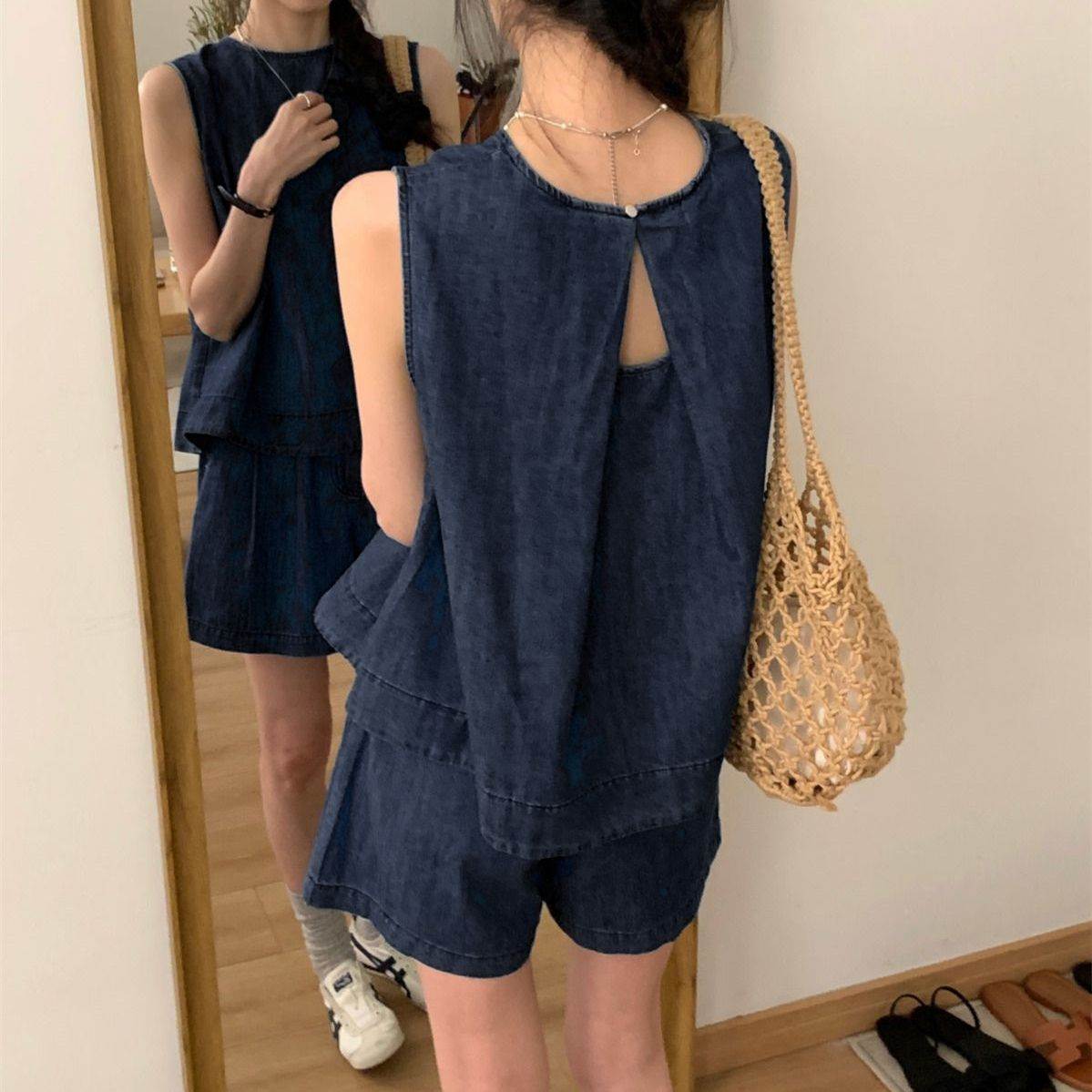 夏季女装套装新款韩系小个子女装减龄时尚松紧腰短裤两件牛仔套装