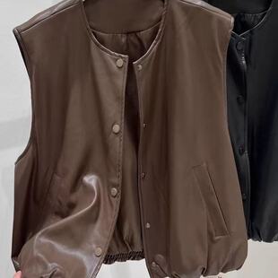 复古圆领黑色无袖PU皮衣马甲女2025春秋新款简约短款叠穿宽松外套