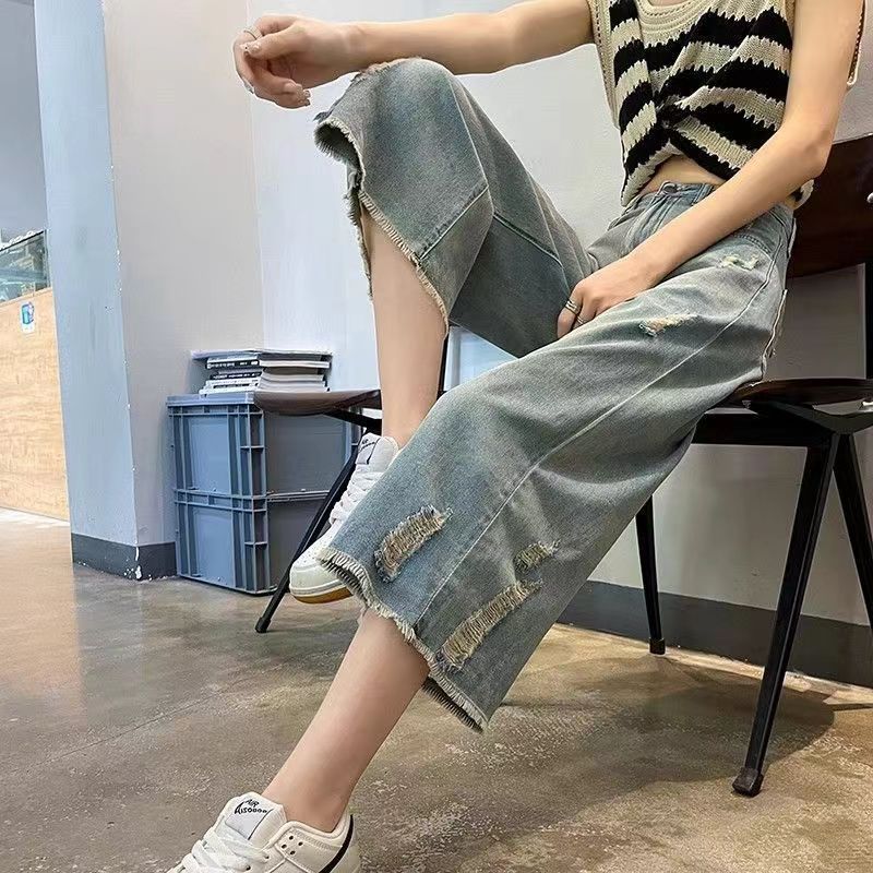 蓝色破洞七分直筒牛仔裤女2025夏季薄款高腰宽松显瘦小个子阔腿裤