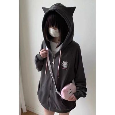 加绒猫耳朵日系亚文化二次元连帽长袖拉链外套秋冬卫衣女