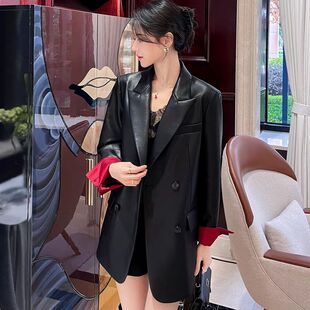 黑色pu皮衣外套女2025早秋季新款韩版高级设计感宽松休闲西服上衣