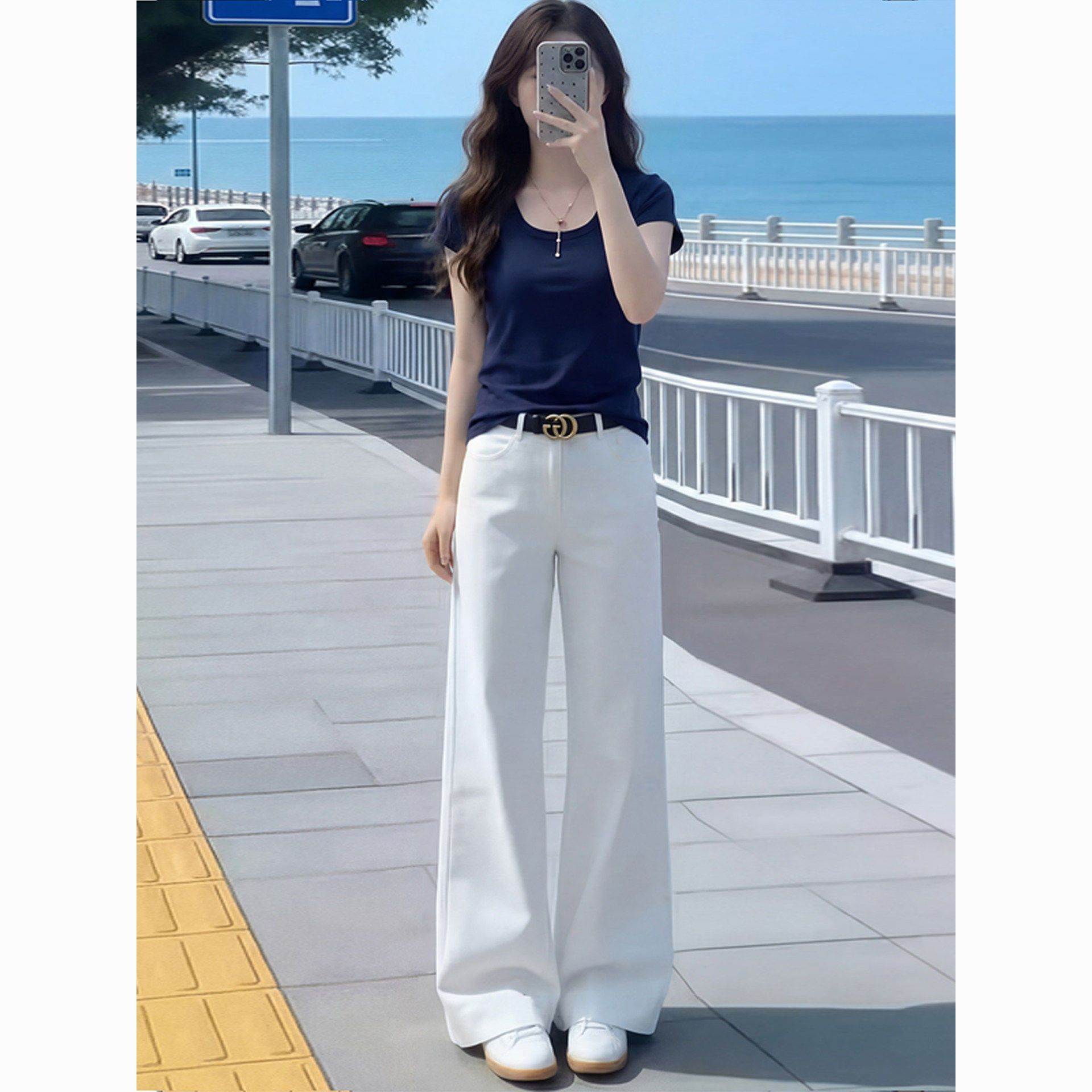 气质休闲风修身显瘦短袖恤上衣白色阔腿裤两件套女夏季新款套装