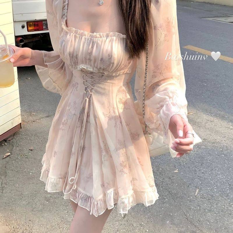 雪纺碎花长袖连衣裙女2025夏季新款海边度假风气质甜美收腰短裙子