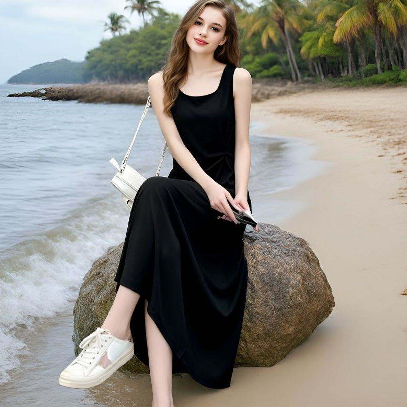 无袖吊带背心连衣裙女夏外穿新款遮肉显瘦针织打底黑色字裙大码