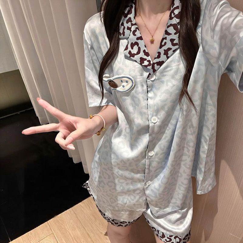 夏季冰丝睡衣女短袖短裤套装卡通豹纹新款夏天女生甜美可爱家居服