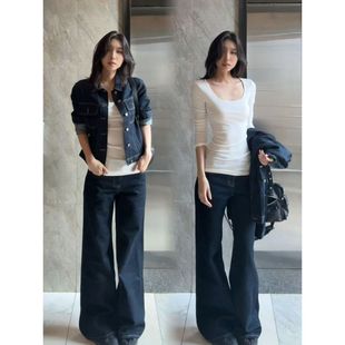 美式辣妹白色u领正肩长袖t恤女秋冬内搭打底衫修身显瘦紧身上衣潮