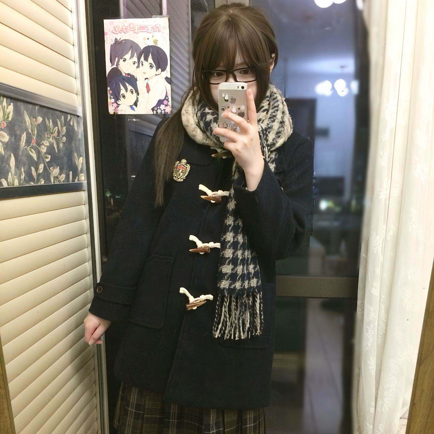 日系牛角扣大衣学院风制服加厚小个子夹棉连帽外套