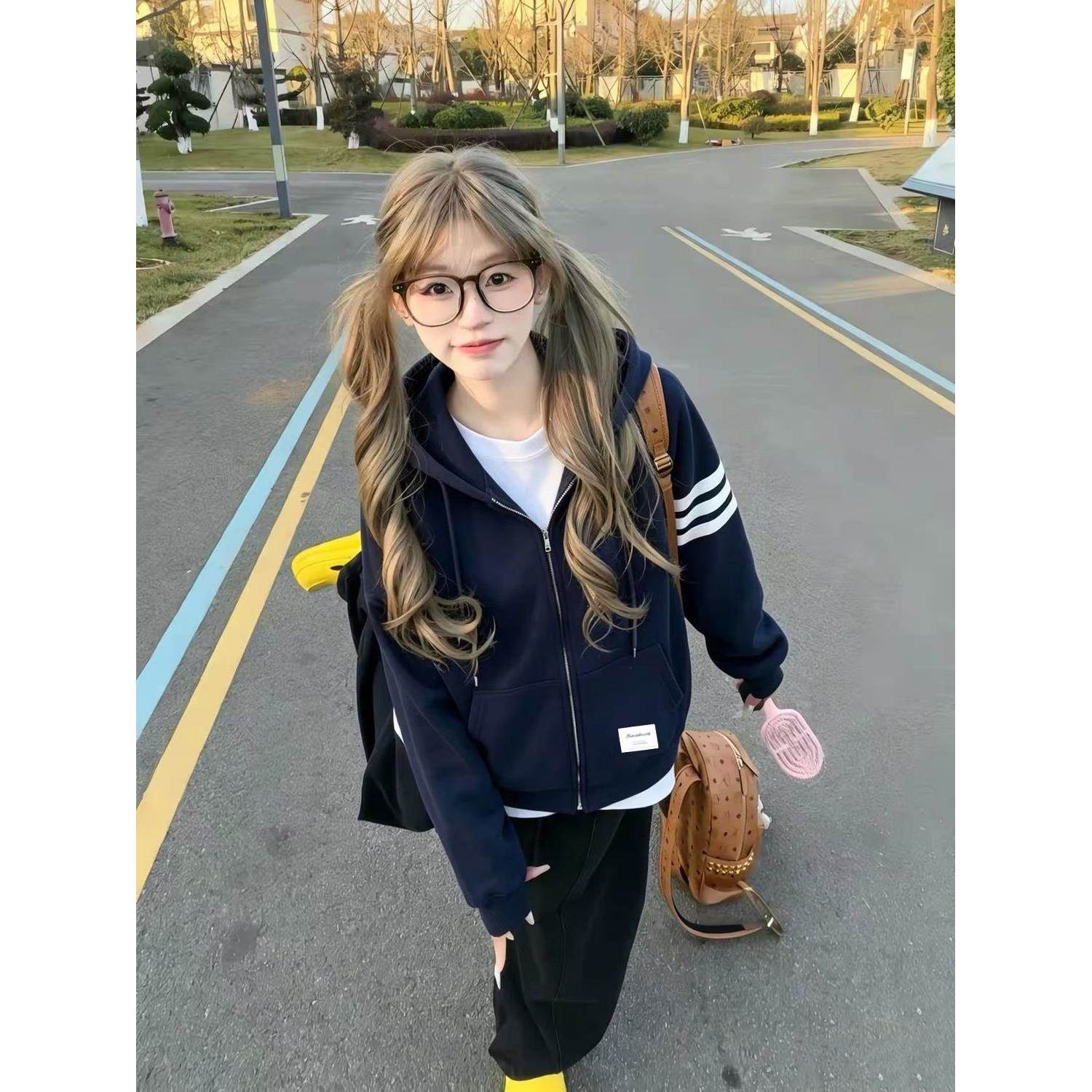 美式重磅高级浅灰色连帽开衫卫衣女春春季多巴胺宽松百搭拉链外套